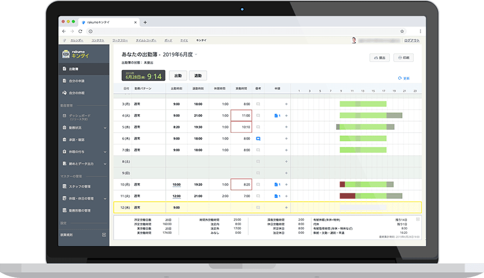rakumoキンタイ - 勤怠管理のサービス画面